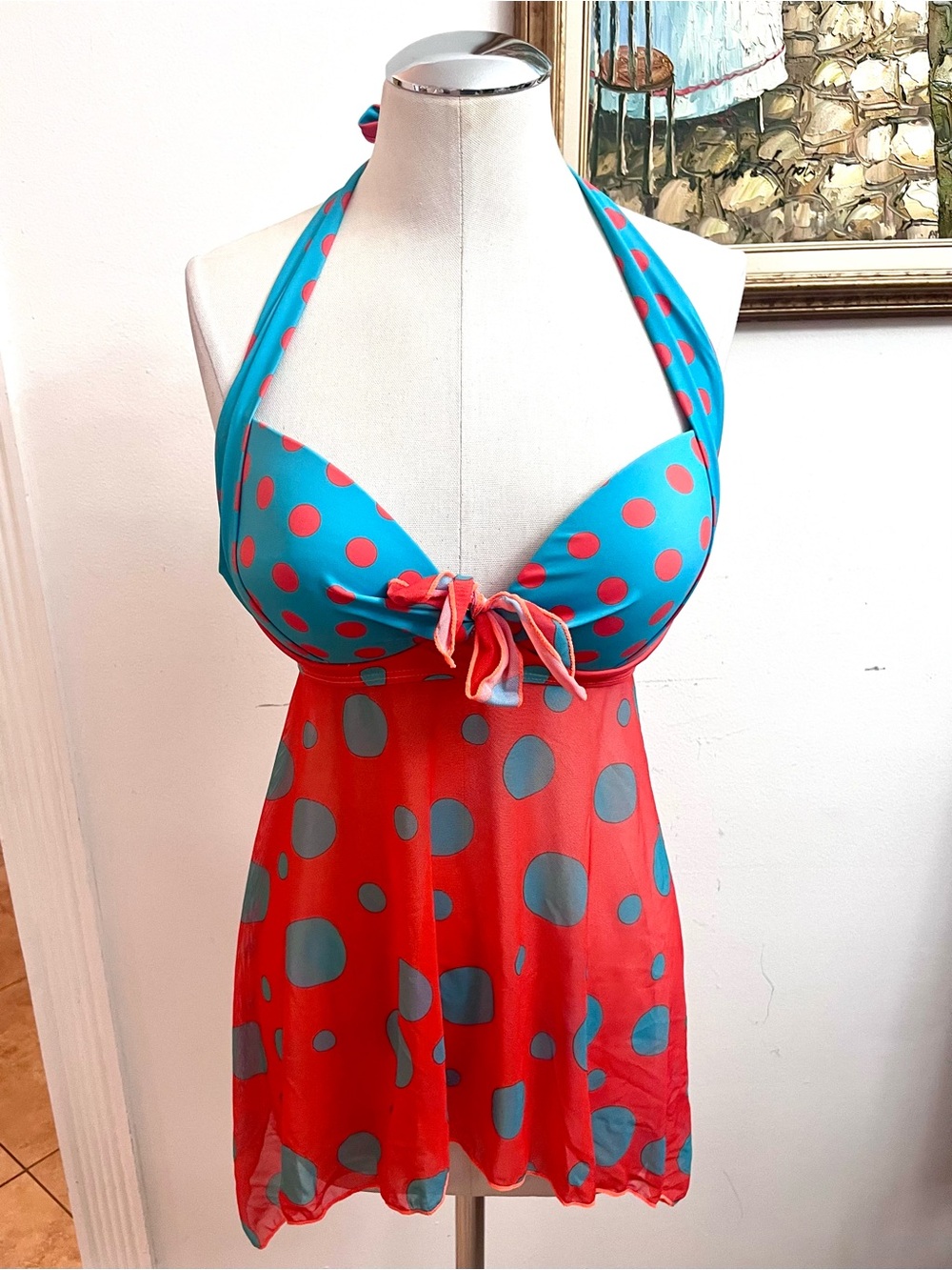 Polka Dot Halter Skirted One-Piece Swimsuit - Turquoise & Red